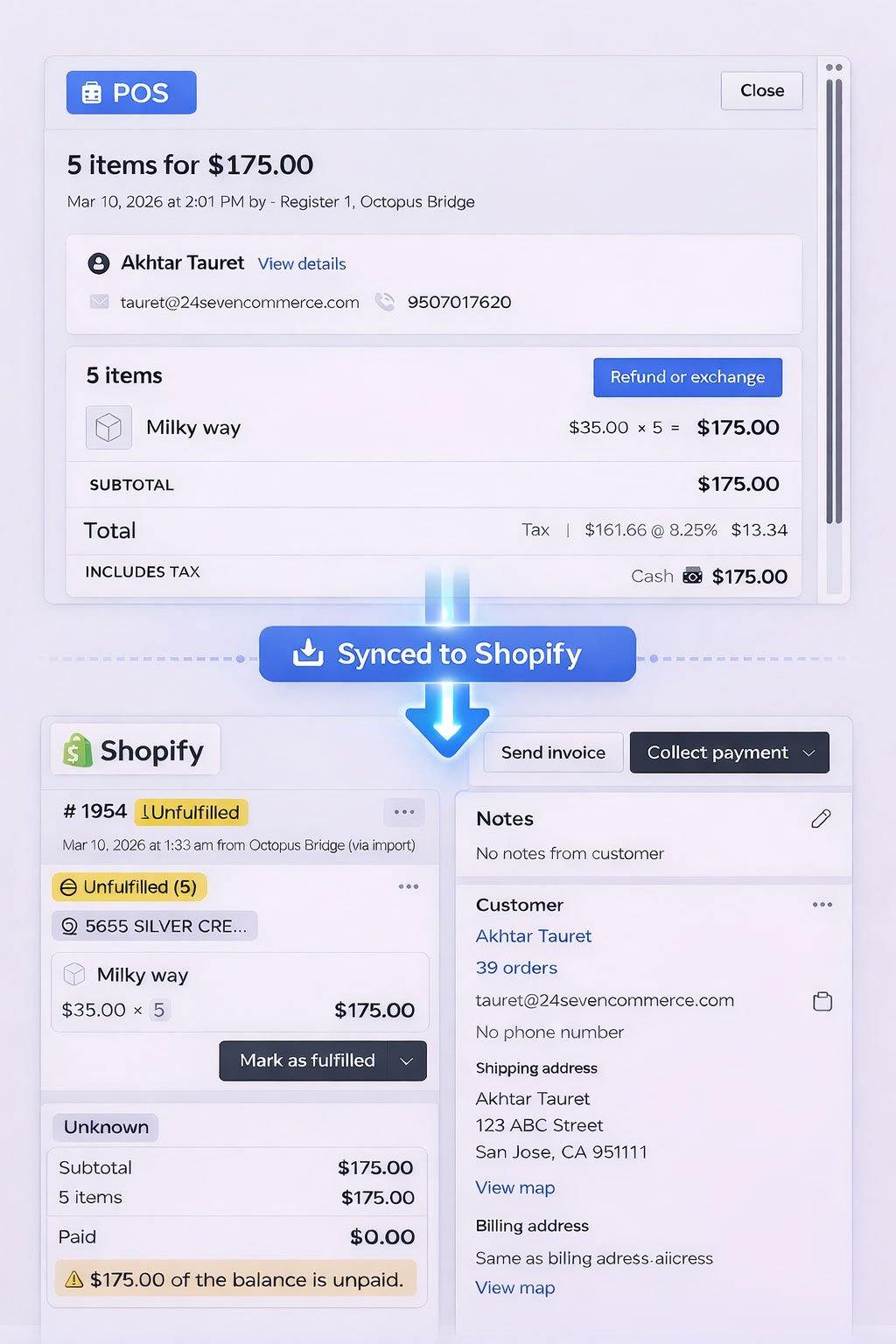 Lightspeed Retail POS integration with Shopify showing unified customer purchase history across in-store and online sales